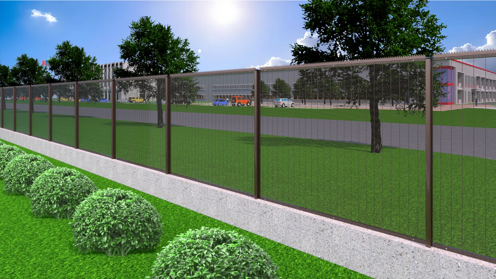 358 high-security welded wire mesh fence installed around an industrial facility