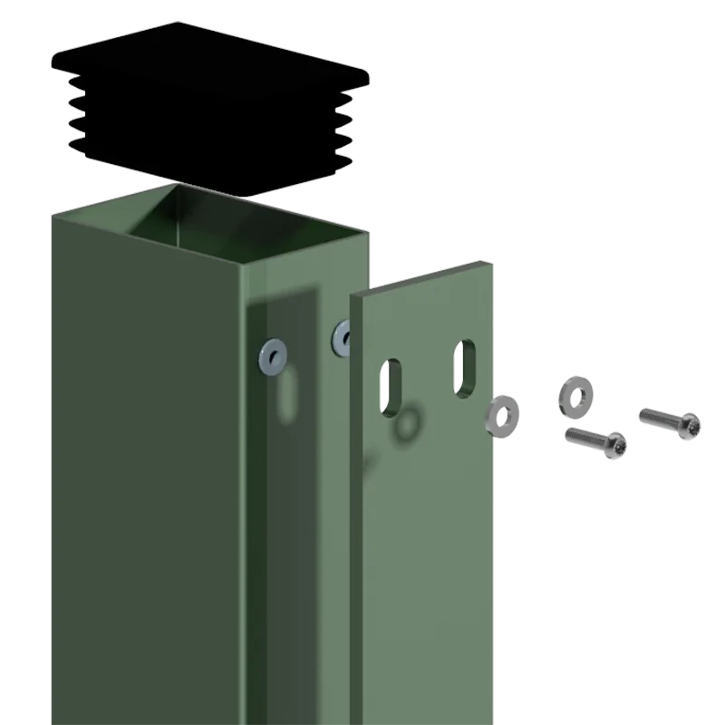 Exploded view of a 358 fence steel post cap and anti-tamper panel fixings
