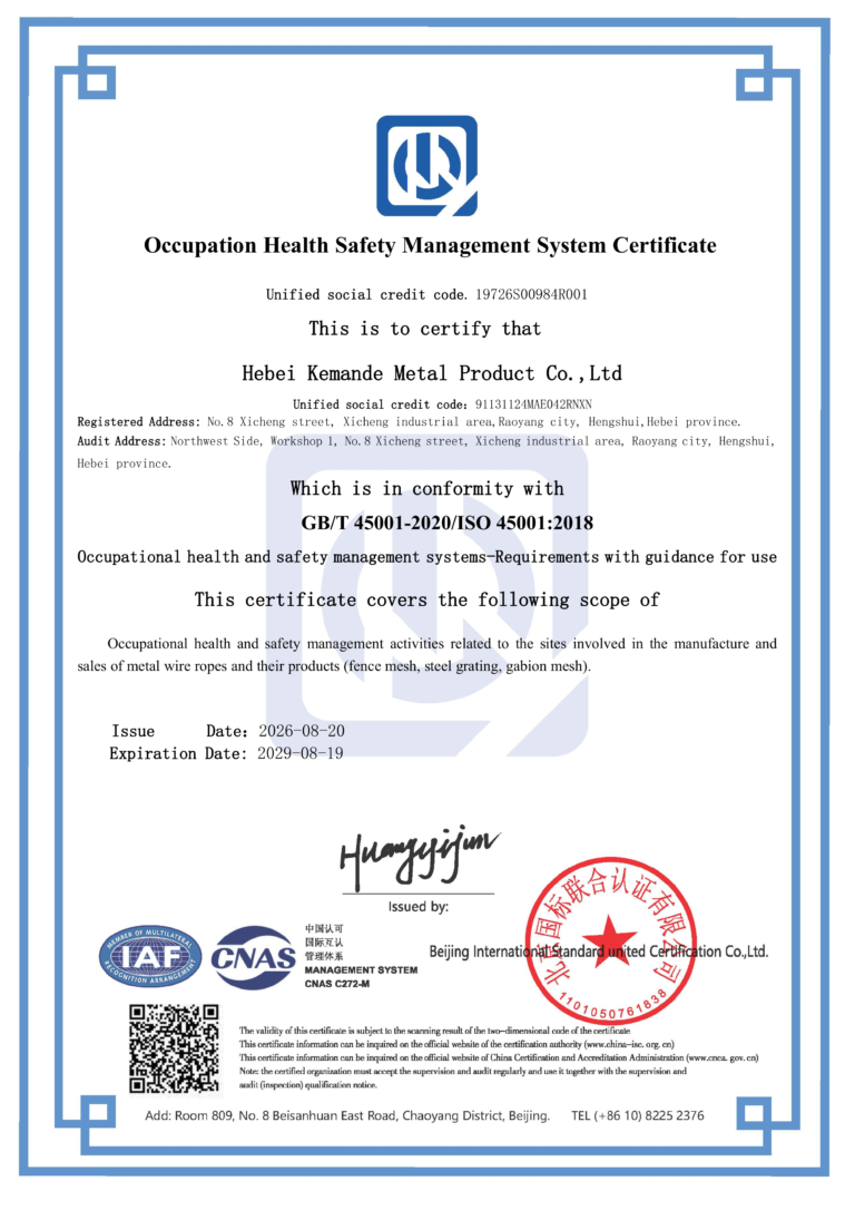 ISO 45001:2018 occupational health and safety management system certificate issued to Hebei Kemande Metal Product Co., Ltd.